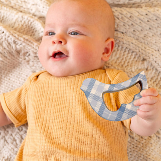 Solid Maple Wood Bird Rattle & Teether (Blue Plaid) – Natural Wooden Baby Toy | Made in the USA 🇺🇸