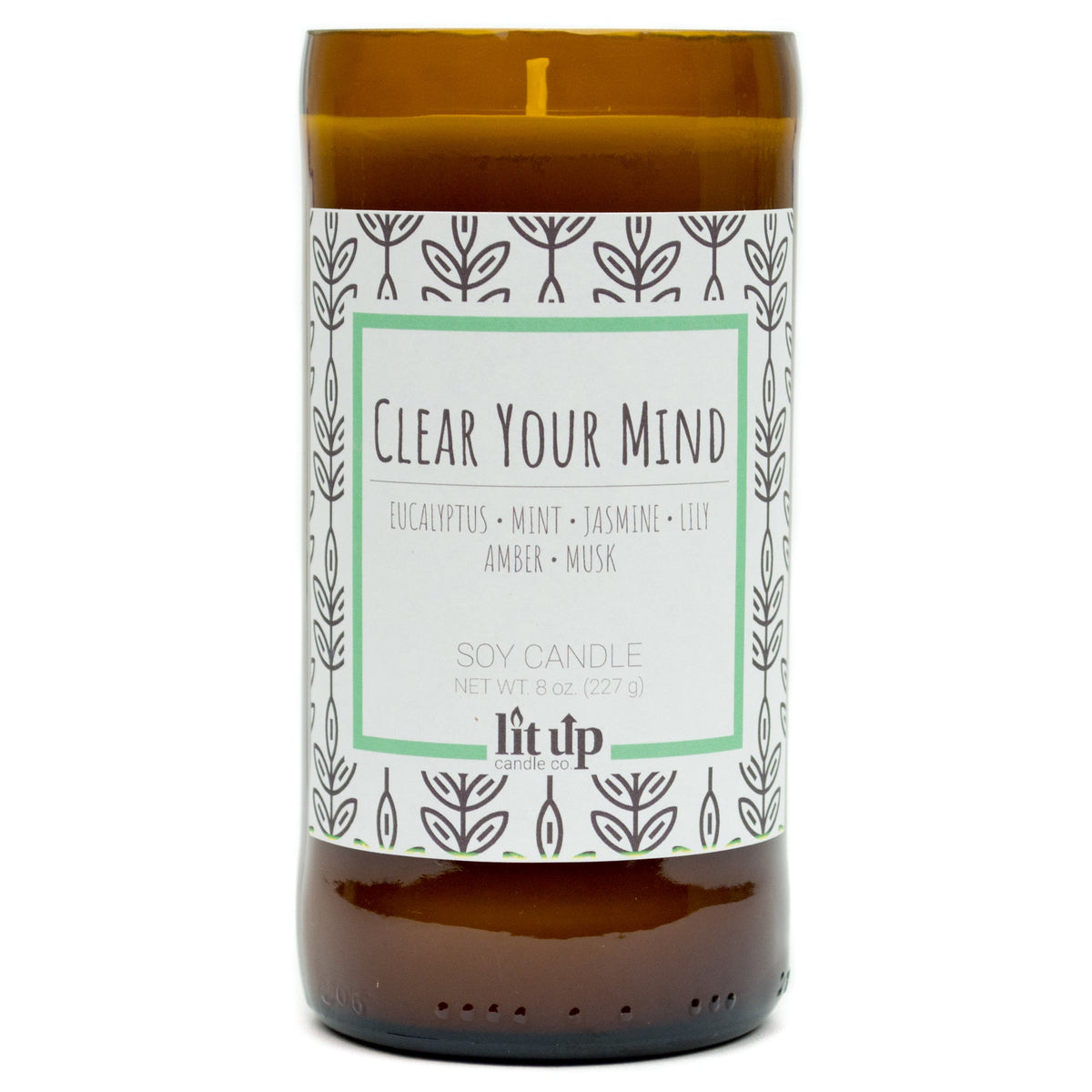 Clear Your Mind 8 oz. soy candle in upcycled beer bottle
