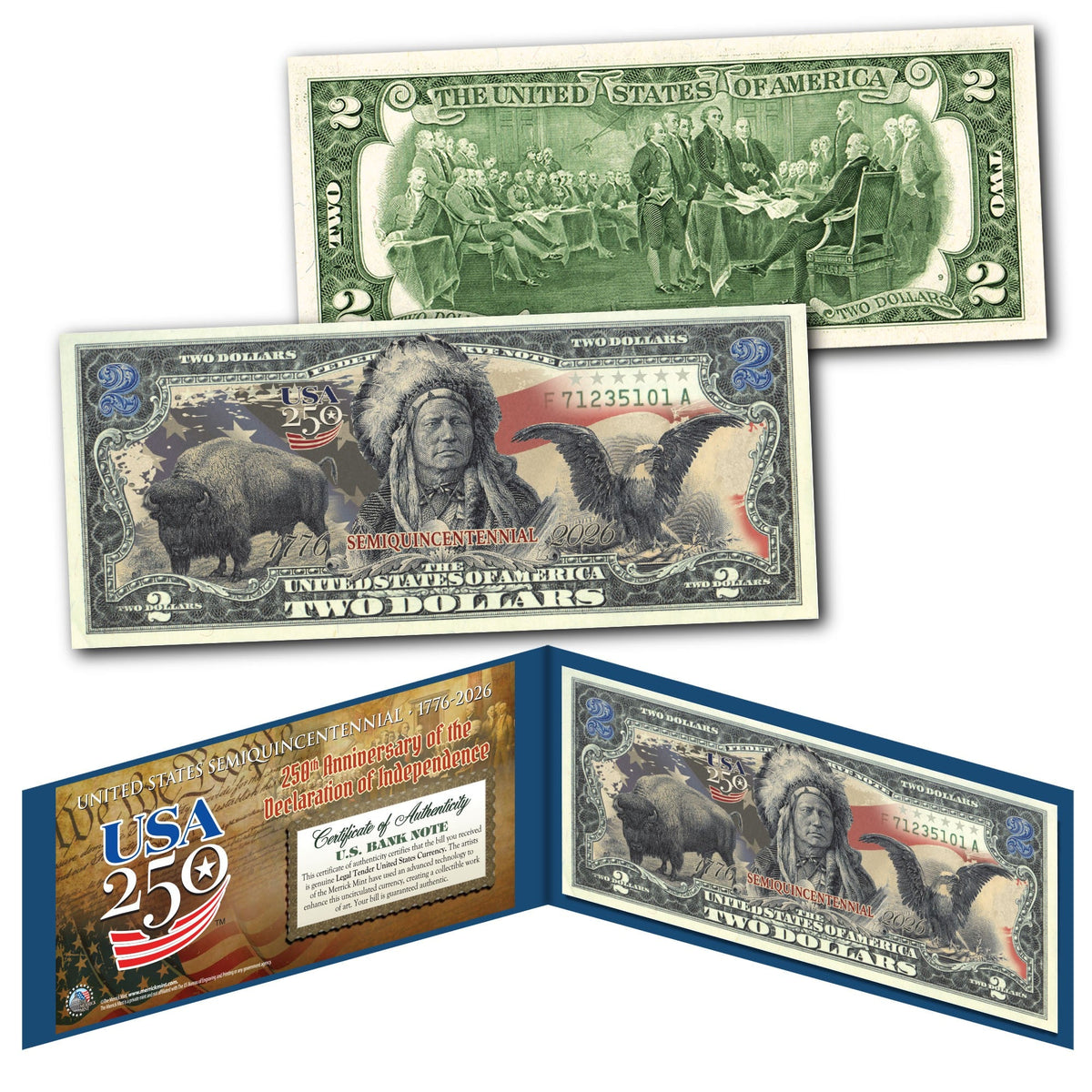 250th Anniversary $2 Bill - Black Eagle, Indian Chief & Bison - view 2