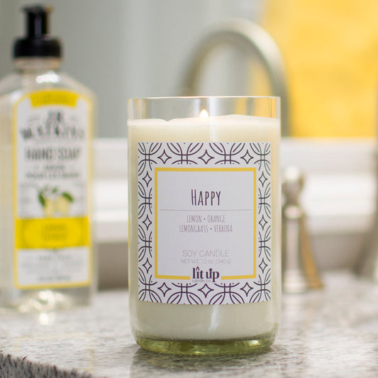 Happy 12 oz. soy candle in upcycled wine bottle - view 2