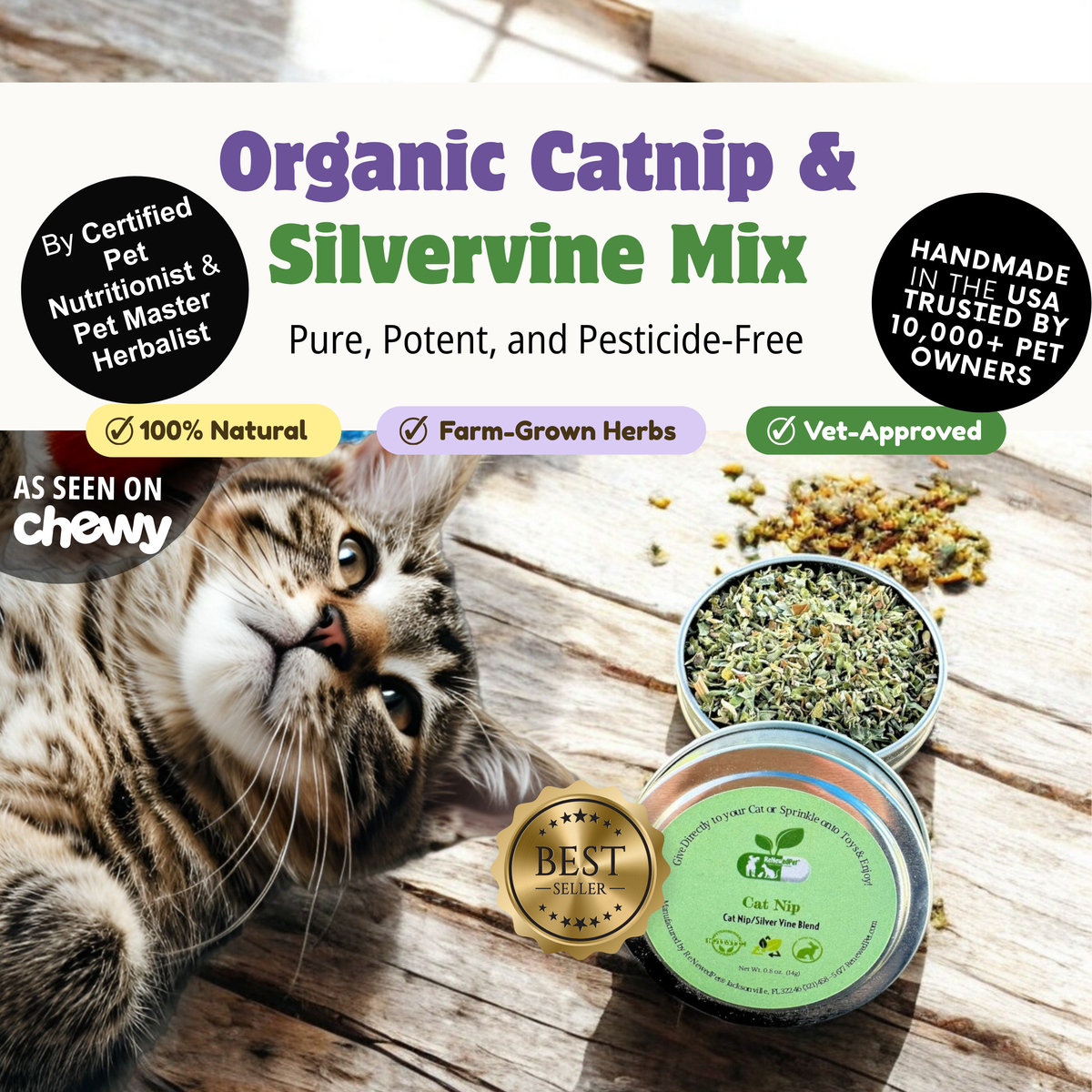ORGANIC CATNIP / SILVER VINE MIX - 0.2 OZ ($39.75/oz), 0.8 OZ ($18.68/oz), 1.6 OZ. ($16.21/oz)