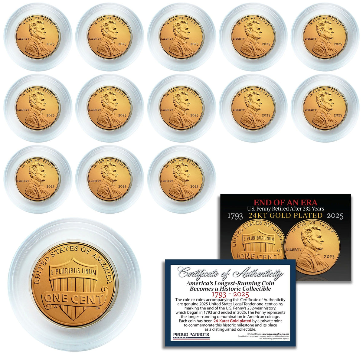 America’s Last Penny: 24KT Gold-Plated Penny with Certificate - (13x) 24kt Gold Pennies - With Protective Cases - view 6