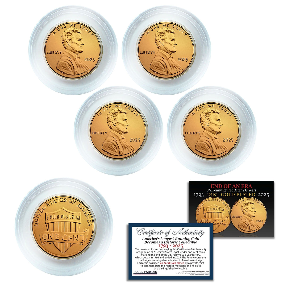 America’s Last Penny: 24KT Gold-Plated Penny with Certificate - (4x) 24kt Gold Pennies - With Protective Cases - view 5