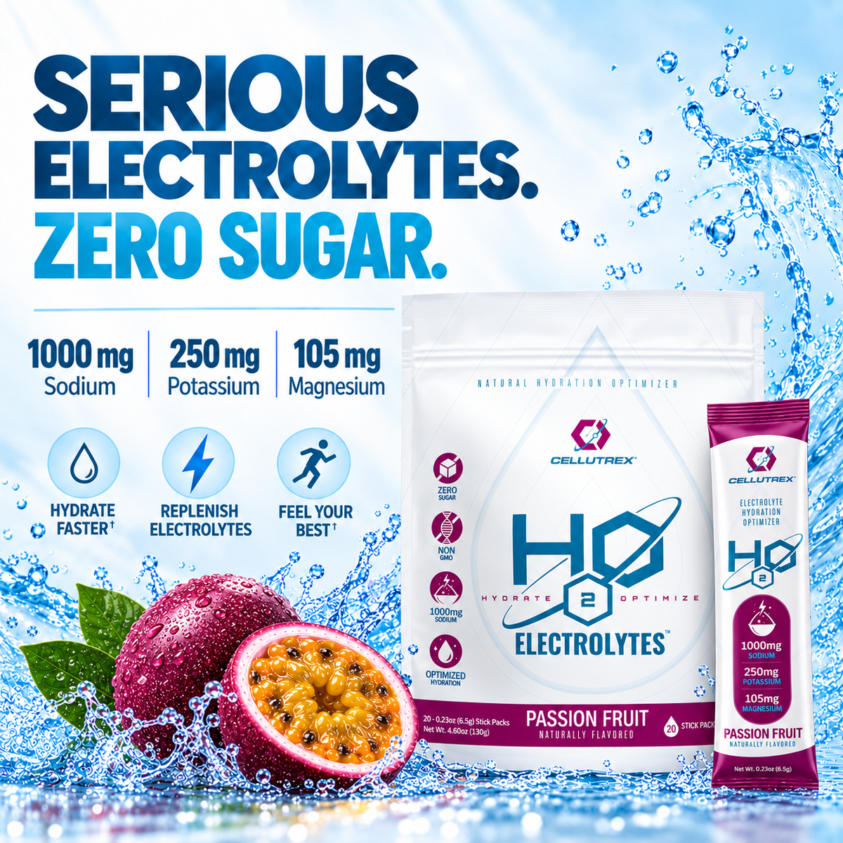H2O ELECTROLYTES™ - Passion Fruit - Zero Sugar Electrolyte Powder - view 2