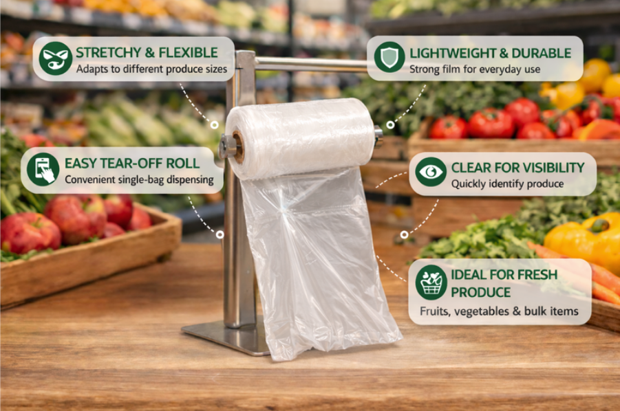 Produce Bags on Roll - 100 Count - Clear - 14" x 17" - Reusable Style - view 3
