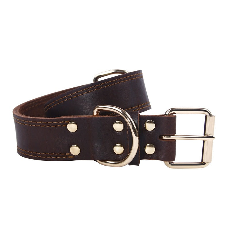 Cowhide Dog Collar Vintage Copper Hook Buckle Head Golden Hair German Shepherd Medium And Large Dogs Special Collar Pet Suppl