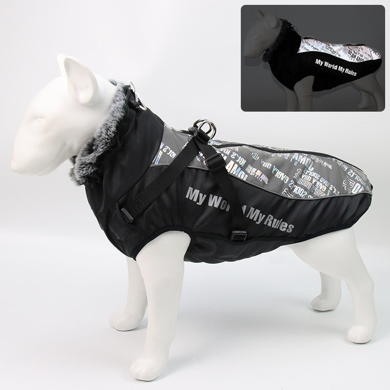Dog Clothes Waterproof Pet Clothing Reflective Dogs Vest Harness Clothes With Fur Collar Large Dog Jacket Clothes For Big Dog