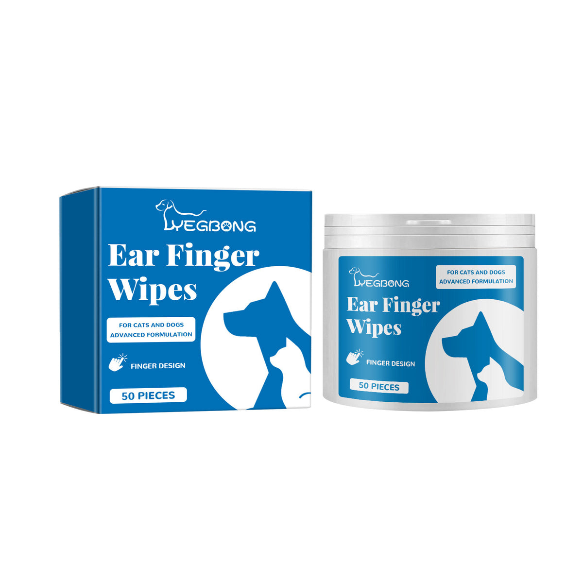 Pet ear finger wipes box and canister, front and side views