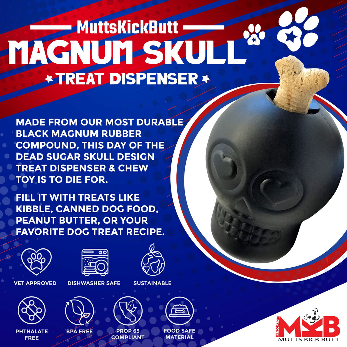 Magnum Sugar Skull Dog Chew Toy & Treat Dispenser - USA Made - SodaPup - view 2