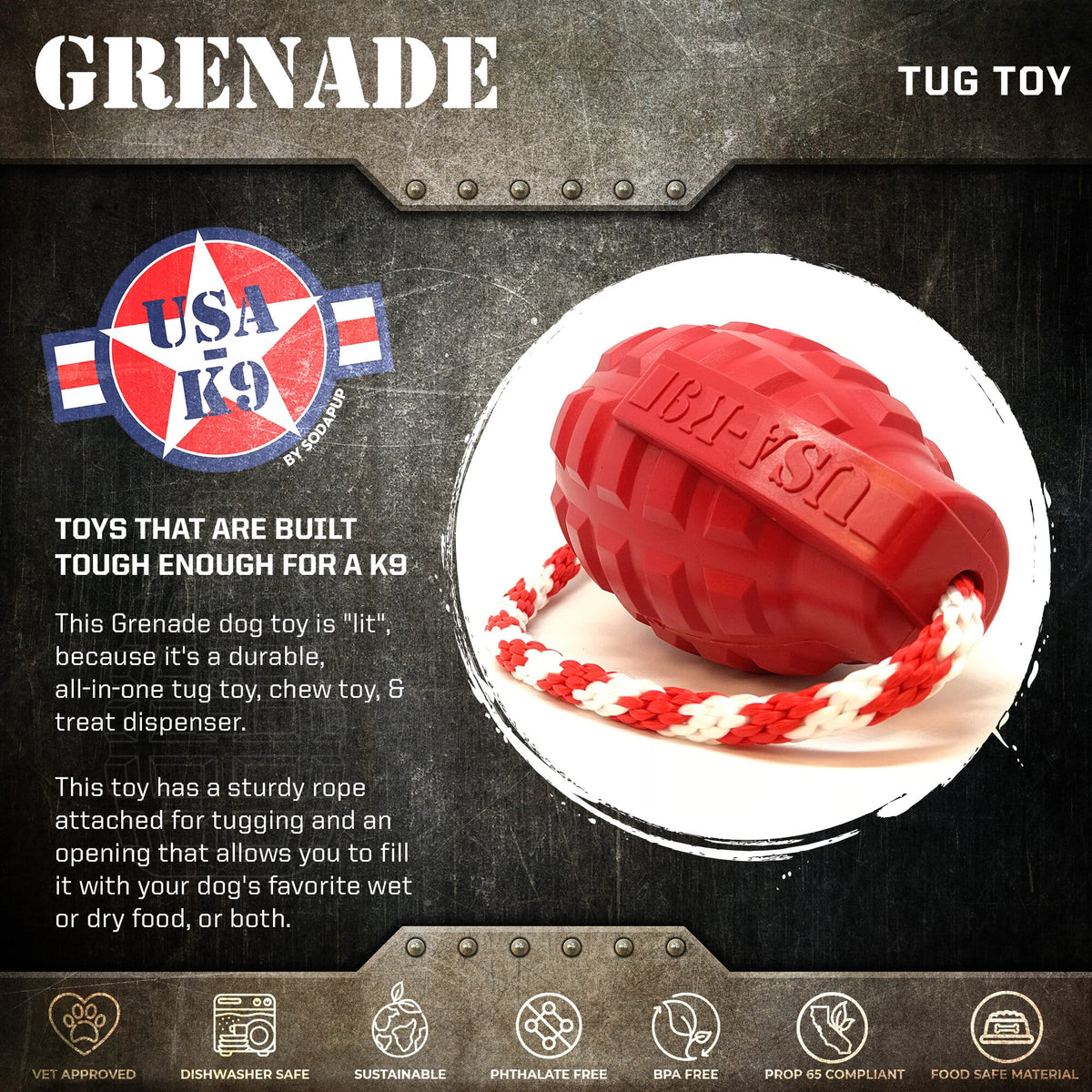 USA-K9 Grenade Rubber Dog Chew Toy - K9 Handler Reward Toy - USA Made - view 2