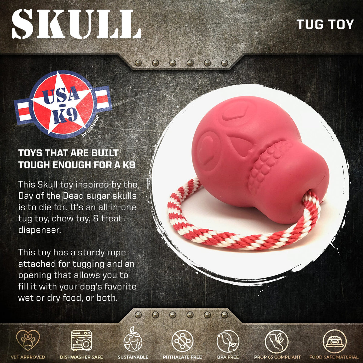 USA-K9 Skull Dog Chew Toy & Treat Dispenser - Made in USA - SodaPup - view 2