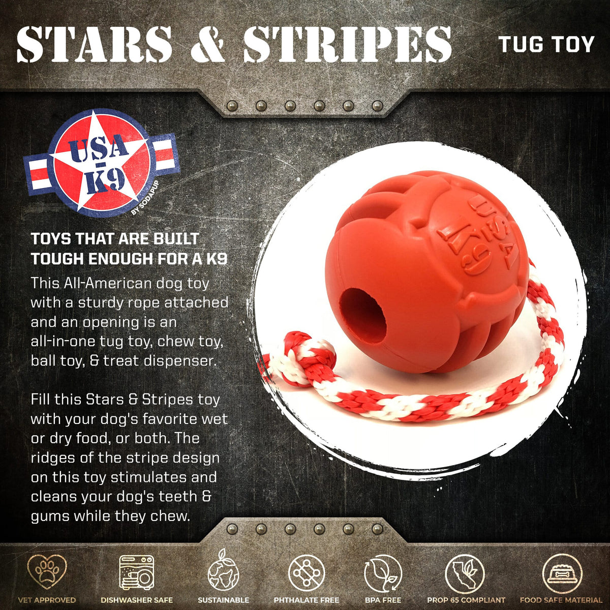 USA-K9 Stars and Stripes Rubber Dog Toy - K9 Handler Reward Toy - Red - view 2