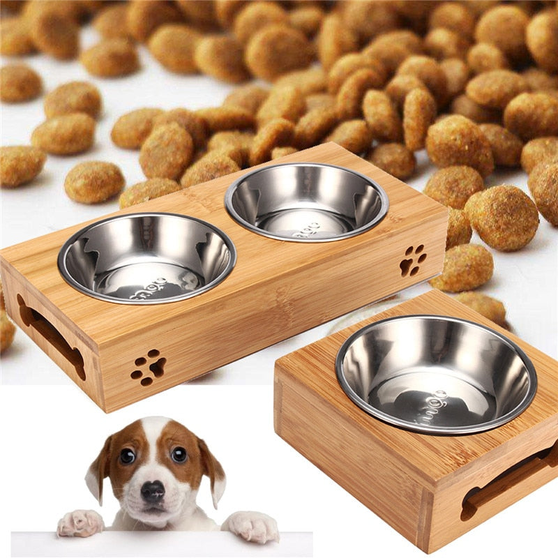 Double Single Dog Bowls for Pet Puppy Stainless Steel Bamboo Rack Food Water Bowl Feeder Pet Cats Feeding Dishes Dogs Drink B