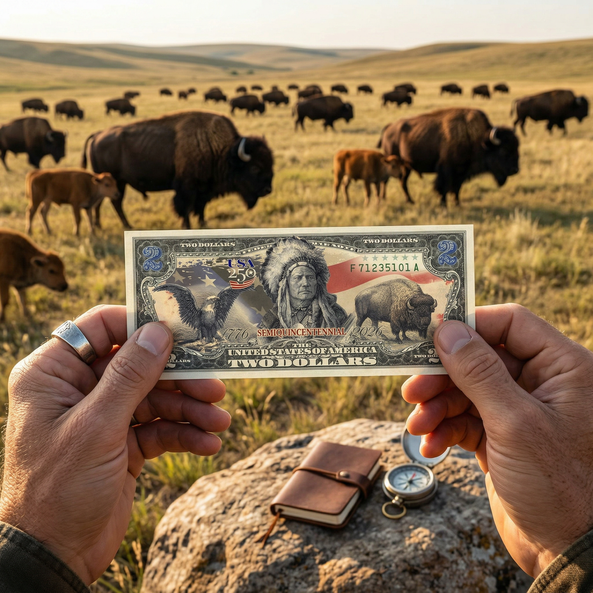 250th Anniversary $2 Bill - Black Eagle, Indian Chief & Bison - view 3