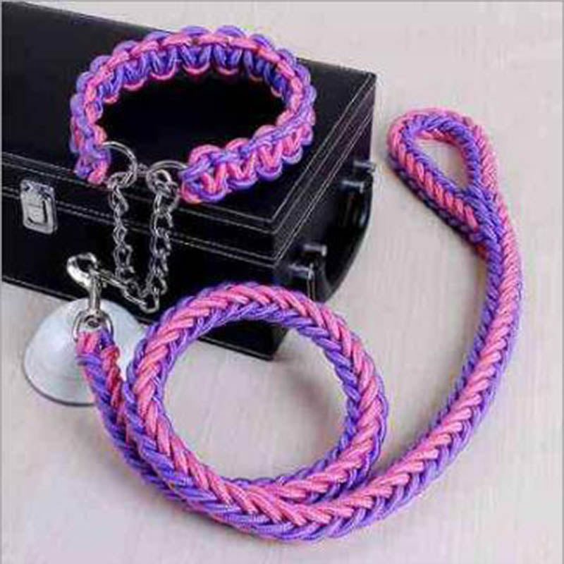 Double Strand Rope Large Dog Leashes Metal P Chain Buckle Contrast Colorful Pet Traction Rope Collar Set Firm 1.2m Length - i