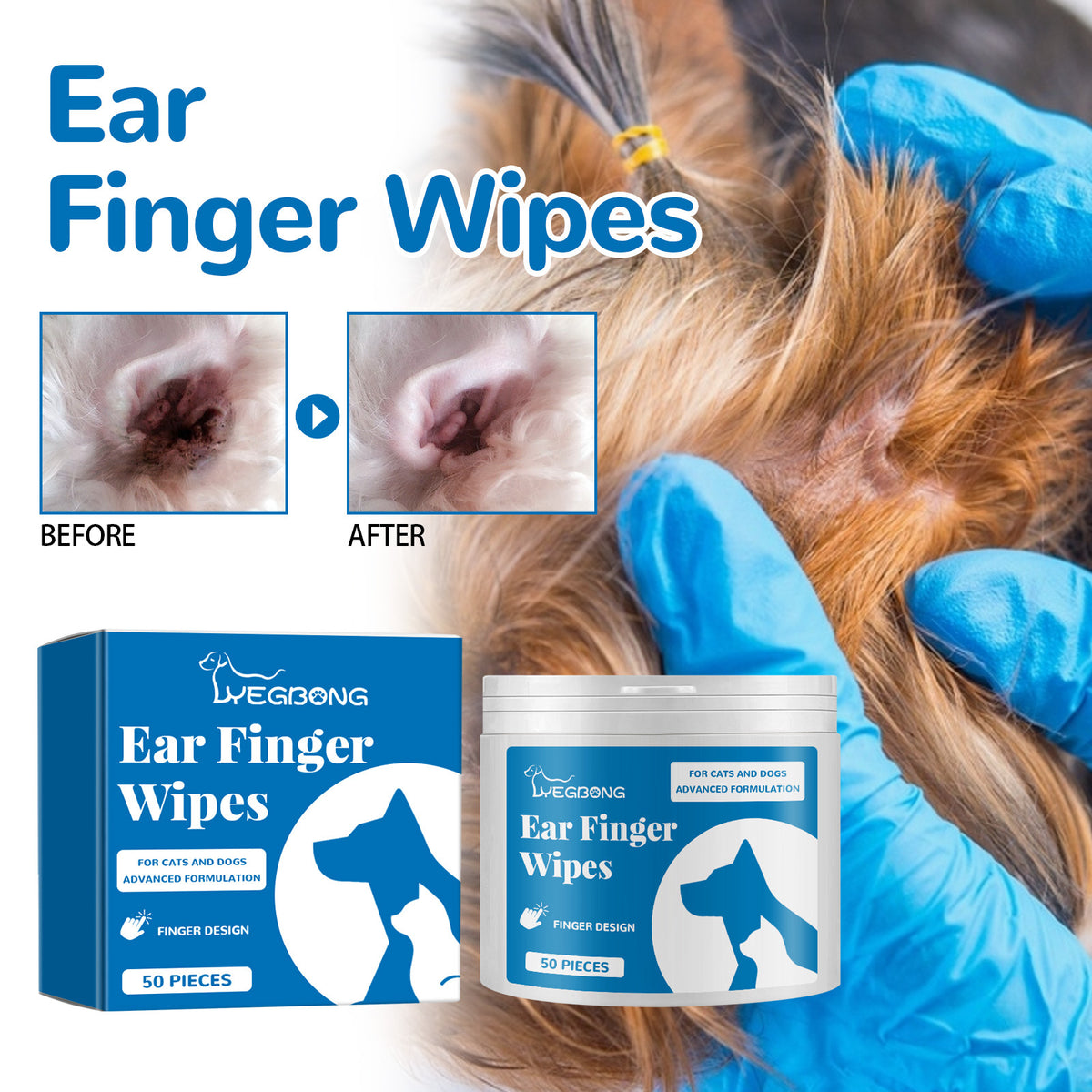 Ear finger wipes before and after ear cleaning results infographic with product packaging