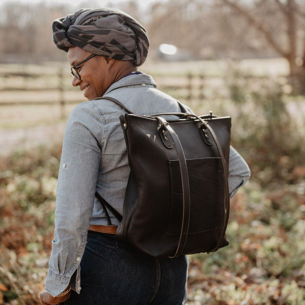 Leather Crossroads Backpack Tote - USA Made - Black - view 3