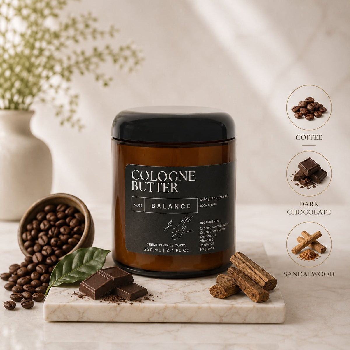 BALANCE – Luxury Fragrance Body Butter | Coffee, Dark Chocolate & Sandalwood Cologne Scent Moisturizing Skin Butter | Cologne Butter — CB