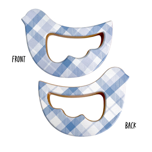 Solid Maple Wood Bird Rattle & Teether (Blue Plaid)