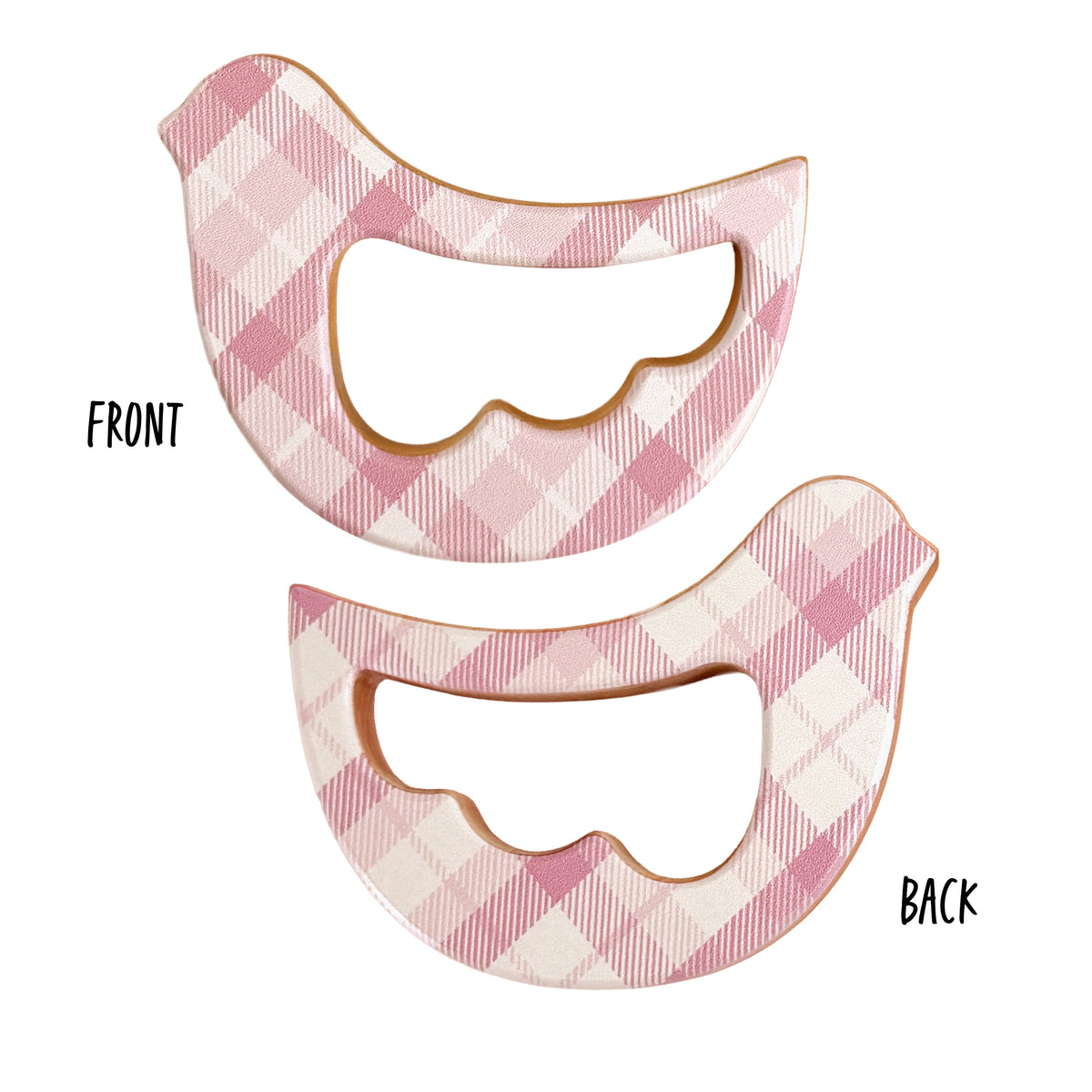 Solid Maple Wood Bird Rattle & Teether (Pink Plaid)