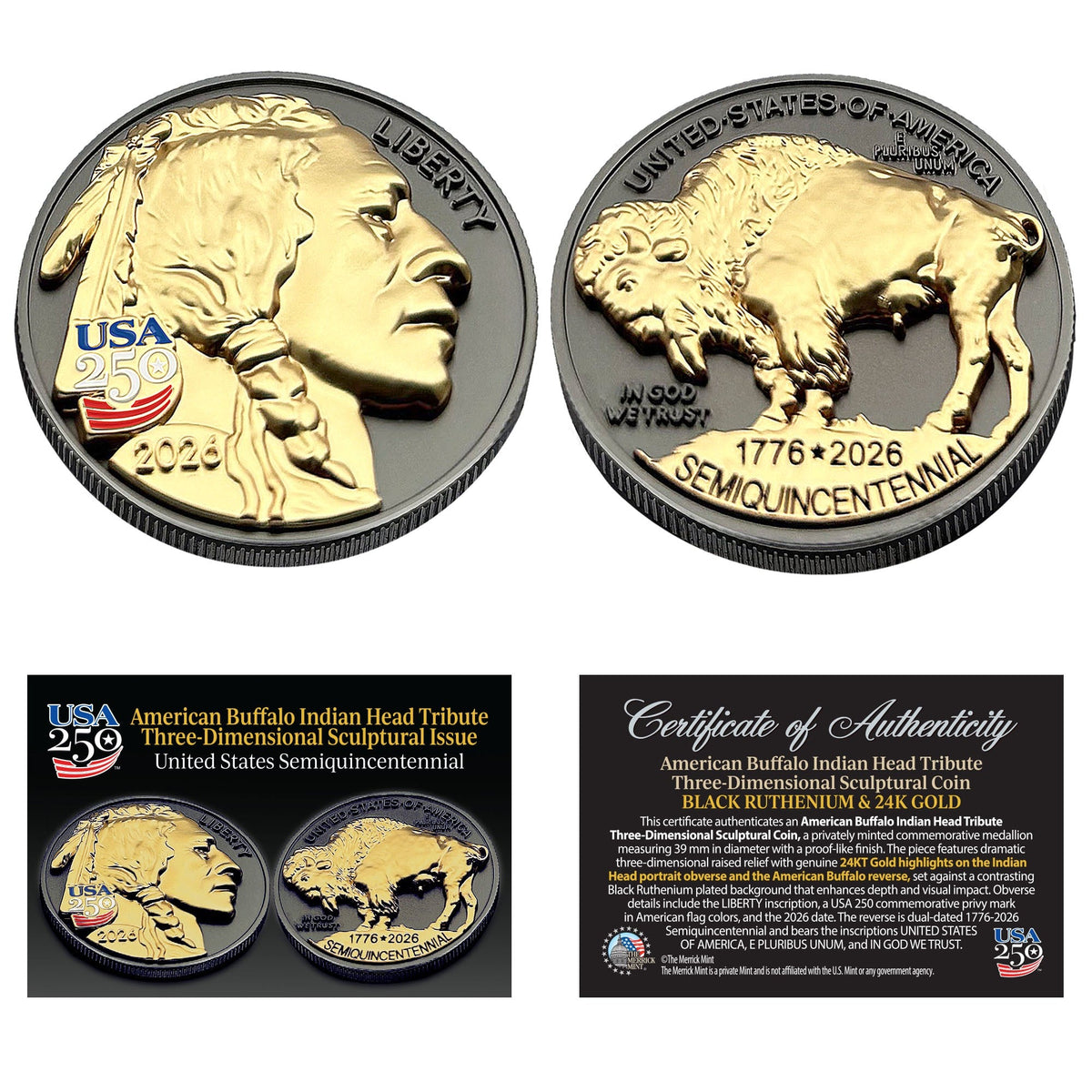 3D American Buffalo Indian Head Tribute Coin With USA 250 Privy Mark