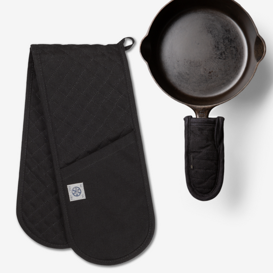 BUNDLE - PAN HANDLE HOLDER AND CASSEROLE HANDLES (BLACK DENIM) - (1) Black Pan Handle Holder (1) Black Casserole Handle - vie