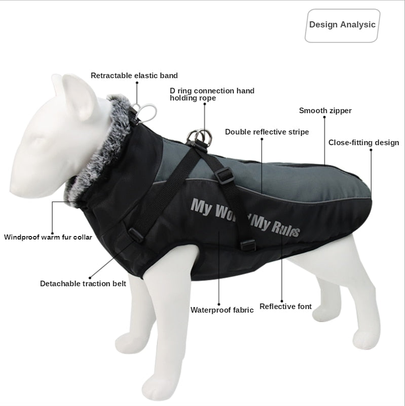 Dog Clothes Waterproof Pet Clothing Reflective Dogs Vest Harness Clothes With Fur Collar Large Dog Jacket Clothes For Big Dog