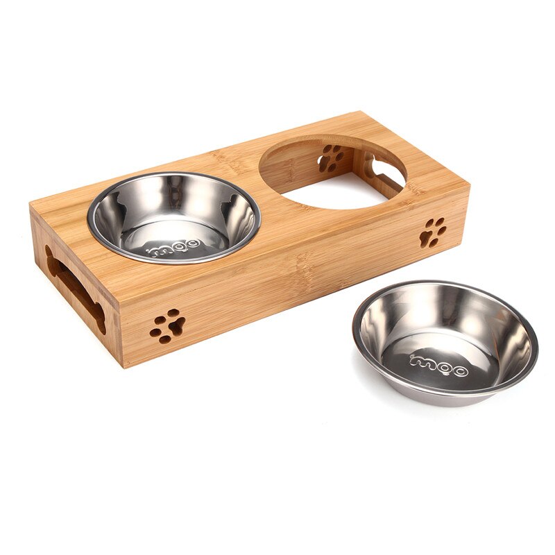 Double Single Dog Bowls for Pet Puppy Stainless Steel Bamboo Rack Food Water Bowl Feeder Pet Cats Feeding Dishes Dogs Drink B