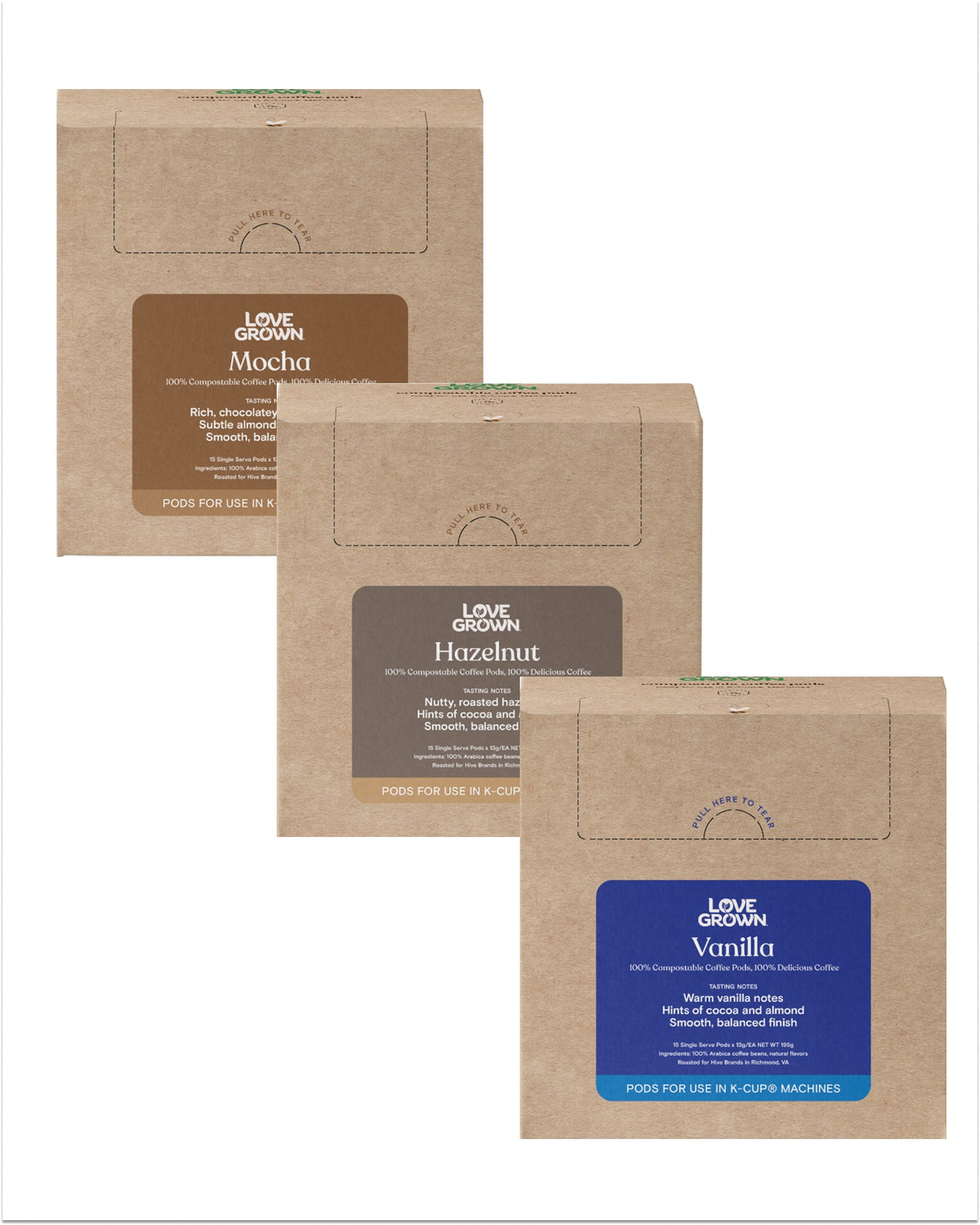 Compostable Coffee Pod Variety Packs - 3 Boxes: Vanilla, Mocha & Hazelnut