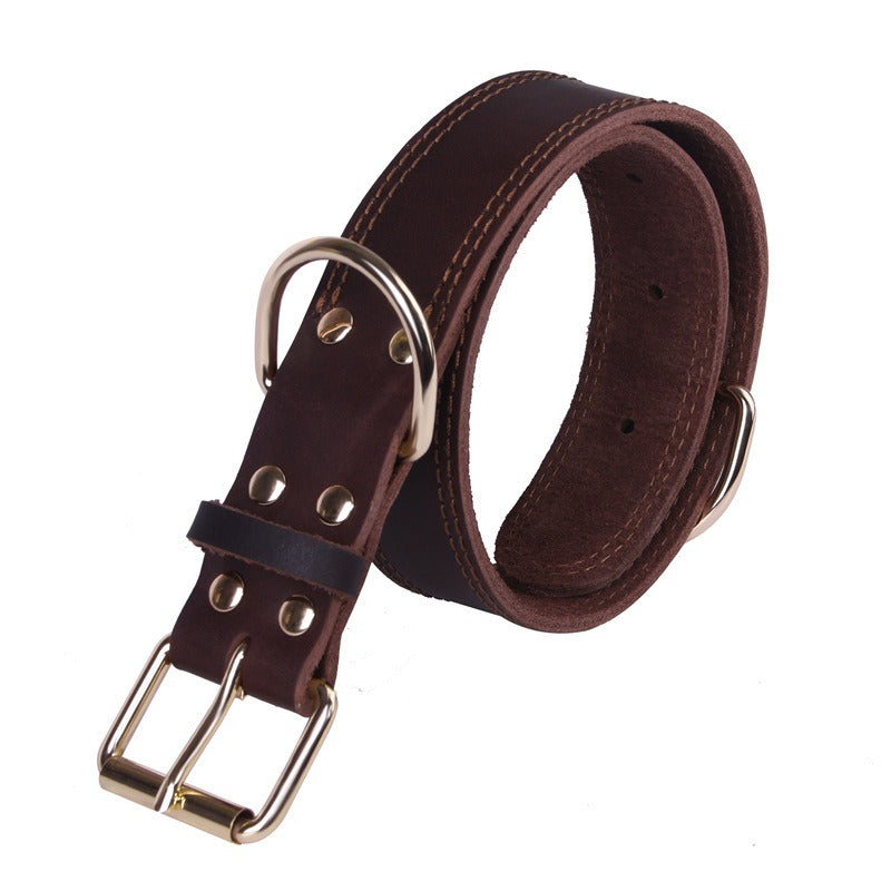 Cowhide Dog Collar Vintage Copper Hook Buckle Head Golden Hair German Shepherd Medium And Large Dogs Special Collar Pet Suppl