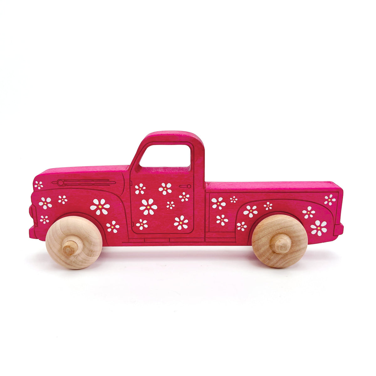 Montessori Educational 9" Pink Daisy Wooden Pickup Truck for Toddlers
