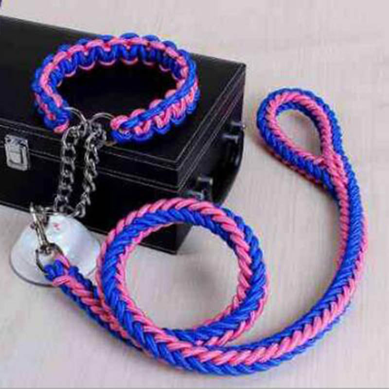 Double Strand Rope Large Dog Leashes Metal P Chain Buckle Contrast Colorful Pet Traction Rope Collar Set Firm 1.2m Length - i