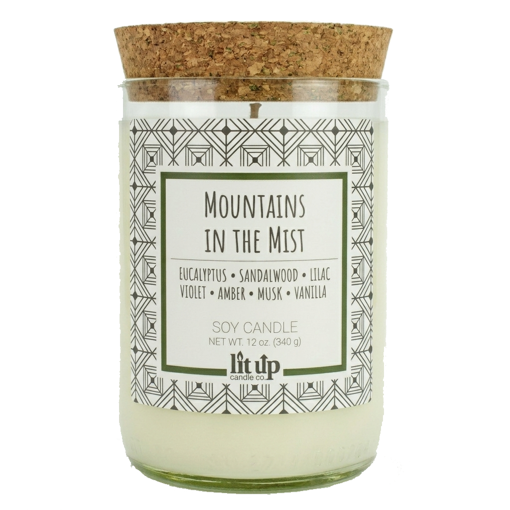 Mountains in the Mist 12 oz. soy candle in upcycled wine bottle - Candle + Cork Lid - view 6