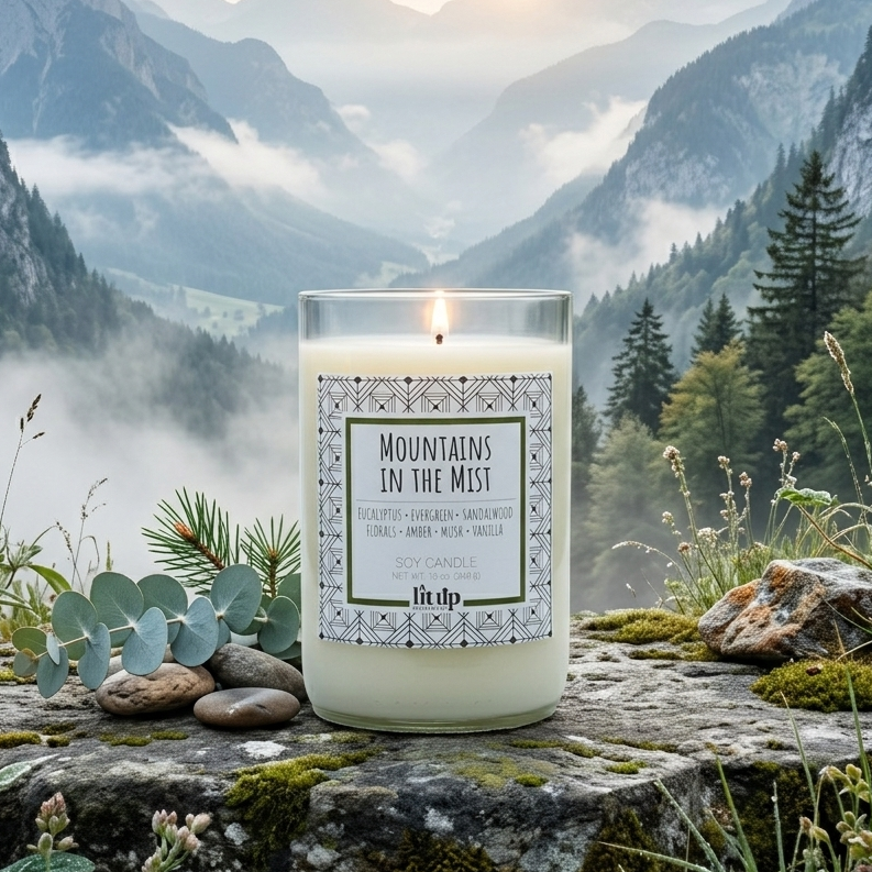 Mountains in the Mist 12 oz. soy candle in upcycled wine bottle - view 2