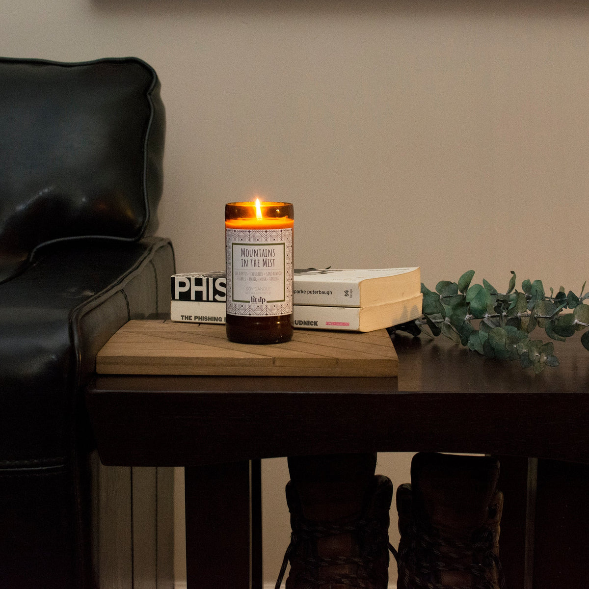Mountains in the Mist 8 oz. soy candle in upcycled beer bottle - view 3