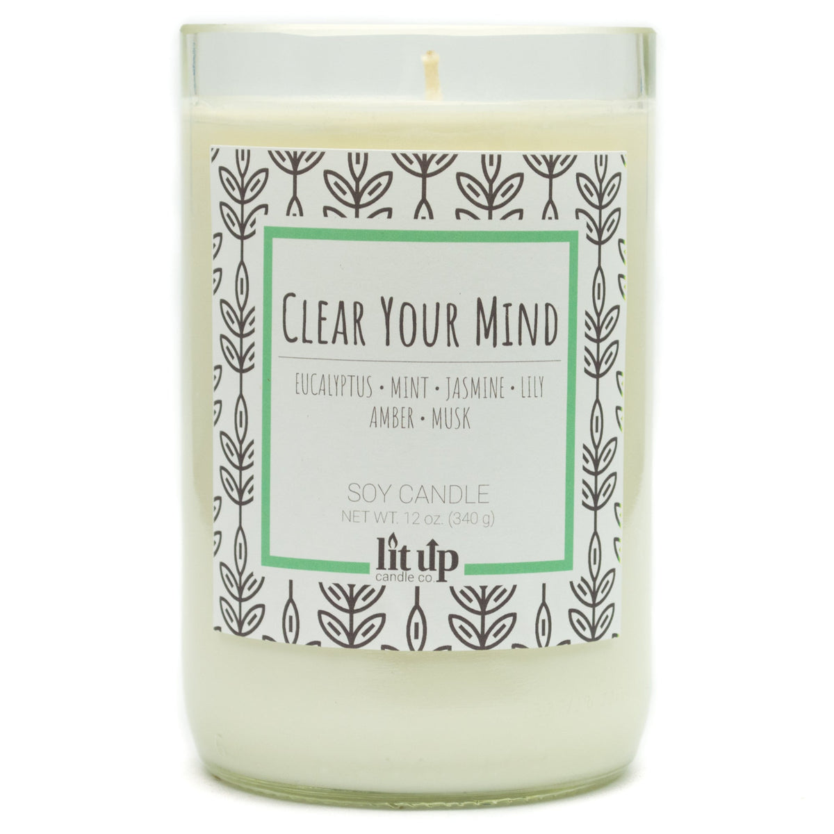 Clear Your Mind 12 oz. soy candle in upcycled wine bottle - Candle Only