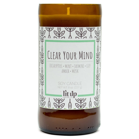 Clear Your Mind 8 oz. soy candle in upcycled beer bottle