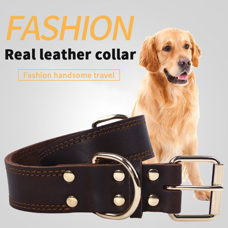 Cowhide Dog Collar Vintage Copper Hook Buckle Head Golden Hair German Shepherd Medium And Large Dogs Special Collar Pet Suppl