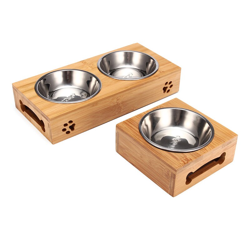 Double Single Dog Bowls for Pet Puppy Stainless Steel Bamboo Rack Food Water Bowl Feeder Pet Cats Feeding Dishes Dogs Drink B