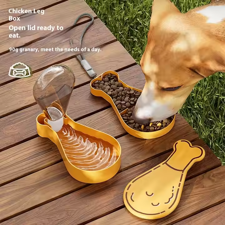 Portable dog travel water bottle with built-in bowl, orange 2-layer feeder