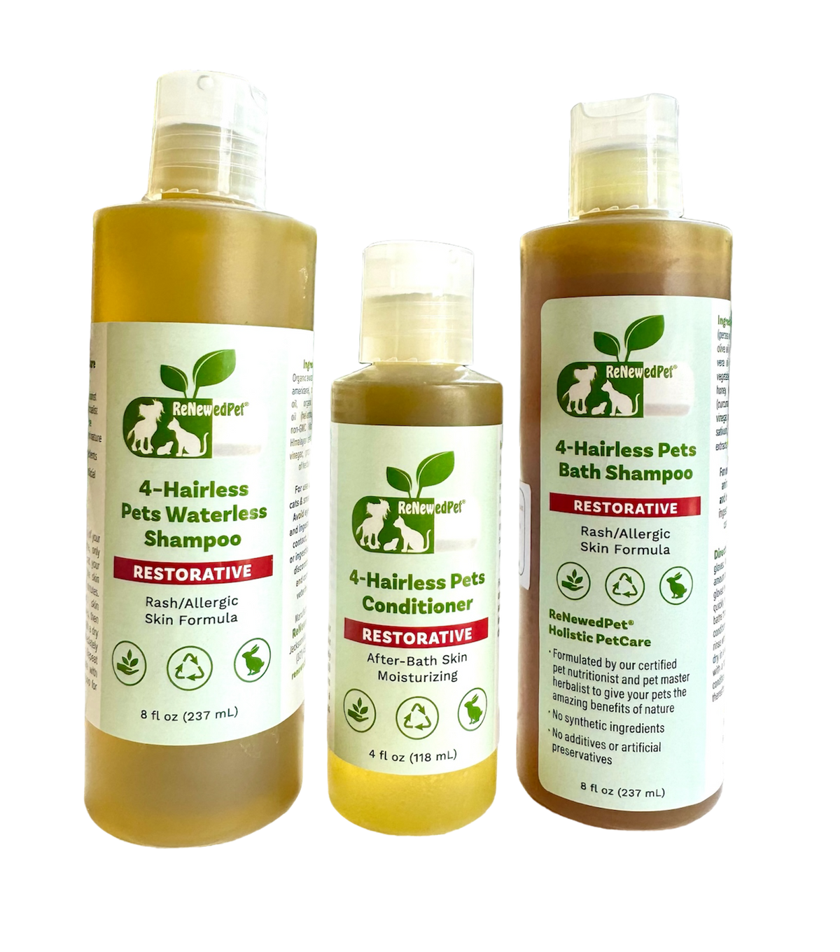 4-HAIRLESS PETS RESTORATIVE SHAMPOO, WATERLESS & CONDITIONER - FULL SIZE - SAVE 20%