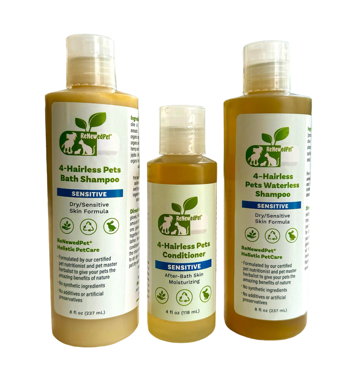 4-HAIRLESS PETS SENSITIVE SHAMPOO, WATERLESS & CONDITIONER KIT - FULL SIZE ($4.54/oz) - view 3