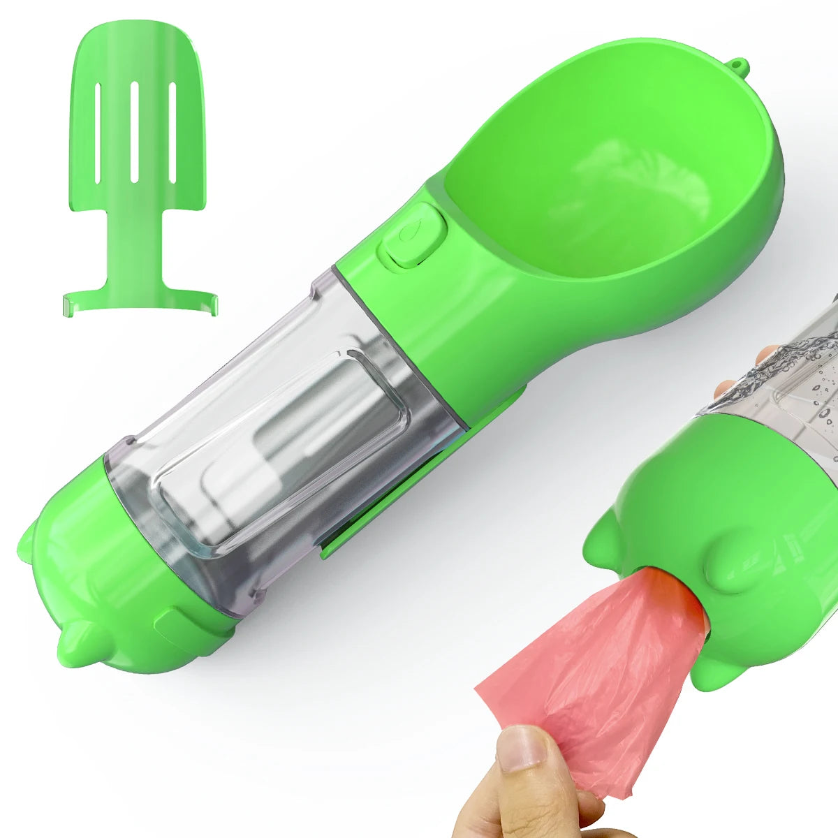 Portable dog water bottle with bowl and waste bag dispenser, green travel set
