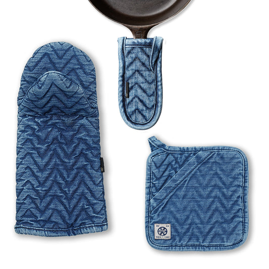 BUNDLE - STANDARD HERRINGBONE OVEN MITT, PAN HANDLE HOLDER AND HERRINGBONE TRIVET/POT HOLDER - Medium Vintage