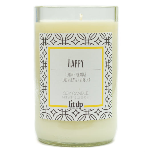 Happy 12 oz. soy candle in upcycled wine bottle - Candle Only