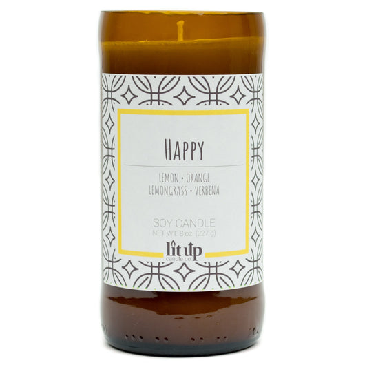 Happy scented 8 oz. soy candle in upcycled beer bottle