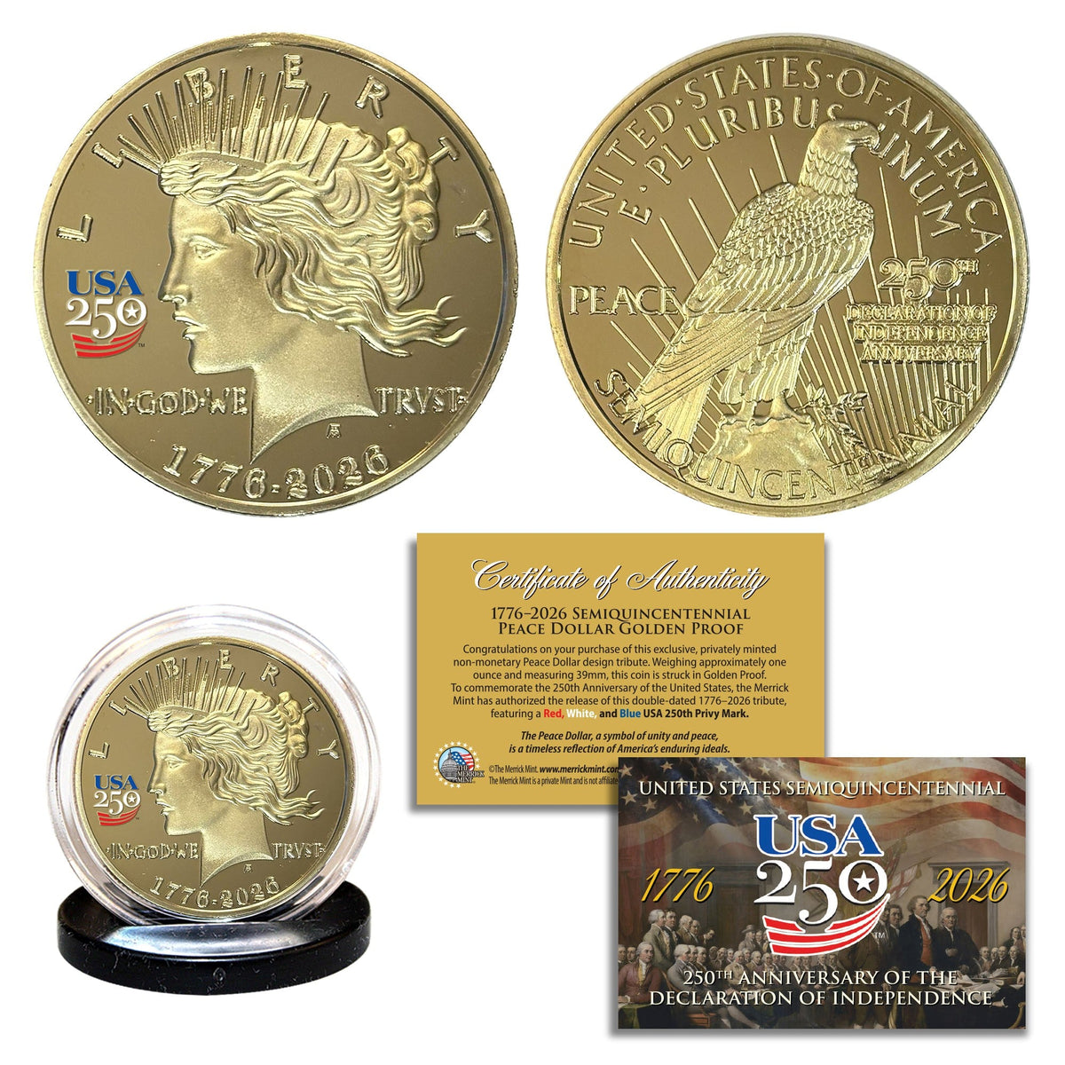 America's 250th Anniversary Peace Dollar Golden Proof Coin
