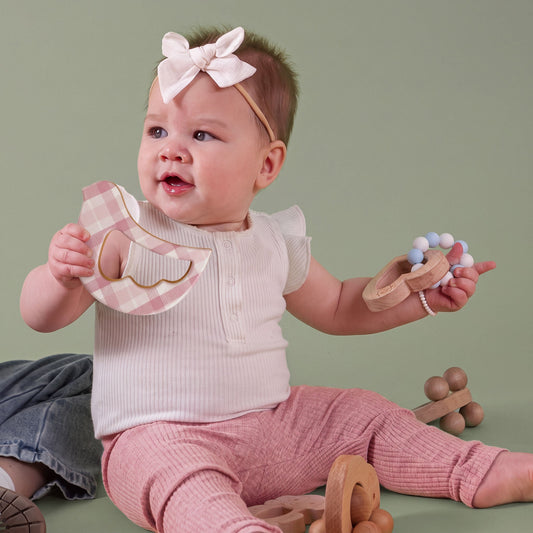 Solid Maple Wood Bird Rattle & Teether (Pink Plaid) – Natural Wooden Baby Toy | Made in the USA 🇺🇸