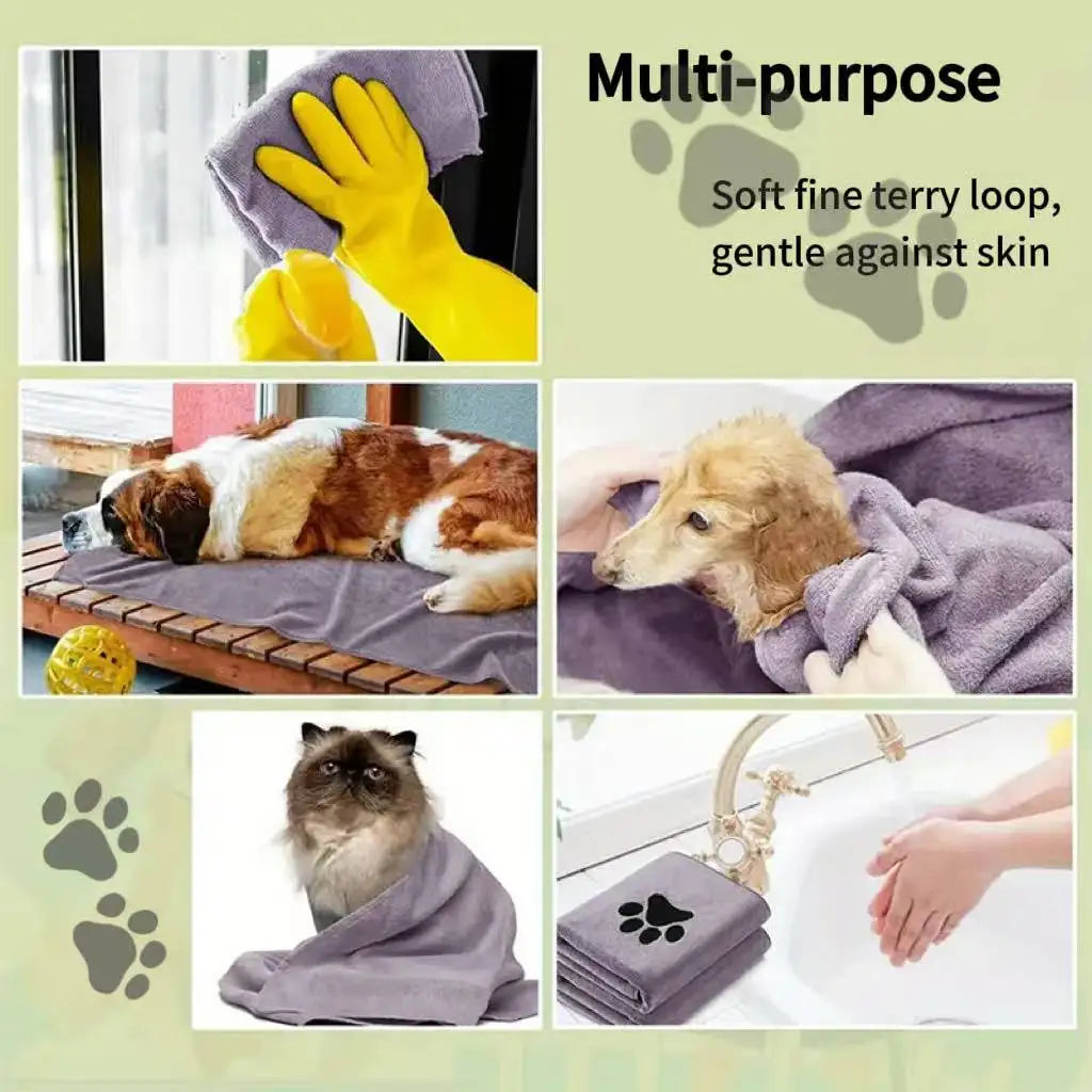 Quick-Dry Dog Towel, Non-Shedding Ultra-Fine Fiber Material, Cute Paw Print Design, Suitable for Puppies, Adult Dogs, Cats - 