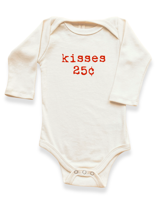 Kisses 25c Organic Baby Bodysuit Long Sleeve - Red, 0-3M, 3-6M, 6-12M, 12-18M, 18-24M